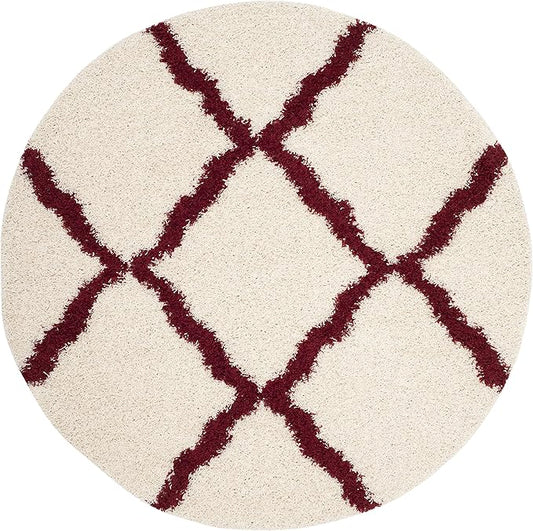 SAFAVIEH Dallas Shag Collection Area Rug - 8' Round, Ivory & Red, Trellis Design, Non-Shedding & Easy Care, 1.5-inch Thick Ideal for High Traffic Areas in Living Room, Bedroom (SGD257R)