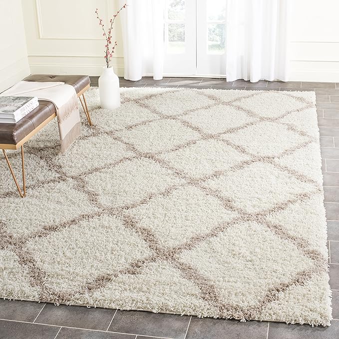 SAFAVIEH Dallas Shag Collection Area Rug - 8'6" x 12', Ivory & Beige, Trellis Design, Non-Shedding & Easy Care, 1.5-inch Thick Ideal for High Traffic Areas in Living Room, Bedroom (SGD257B)