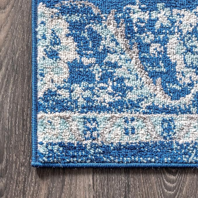 JONATHAN Y Boho Vintage Cream/Blue Runner Rug, 2x10, Bohemian Flair Medallion, Floral Easy-Cleaning High Traffic for Living Room, Bedroom, Kitchen, Pet-Friendly, Non Shedding (BMF106A-210)