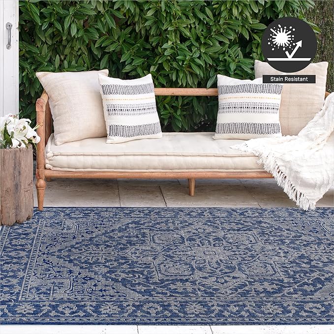 FH Home Flat Woven Outdoor Rug - Waterproof, Easy to Clean, Stain Resistant - Premium Polypropylene Yarn - Vintage - Large Patio, Deck, Sunroom - Amol - Blue - 7ft 10 in x 10ft 9in