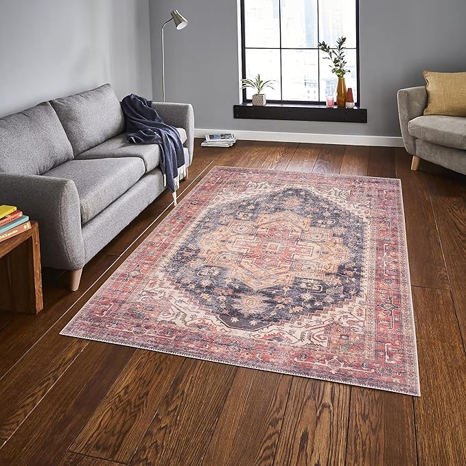 GLN Rugs Traditional Collection - Machine Washable Area Rug, Traditional Washable, Non Slip, Low Pile Chenille Rug, Living Room, Bedroom, Kitchen Rug (5' x 7' Black/Terra)