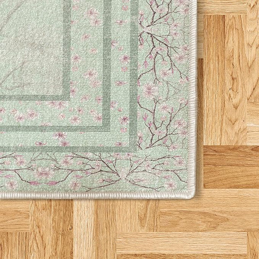 Ambesonne Apple Blossom Decorative Rug, Flowers and Blooming Spring Season Branches Nature Garden Romance, Quality Carpet for Bedroom Dorm and Living Room, 2' 2" x 3' 7", Mint Green and Pink