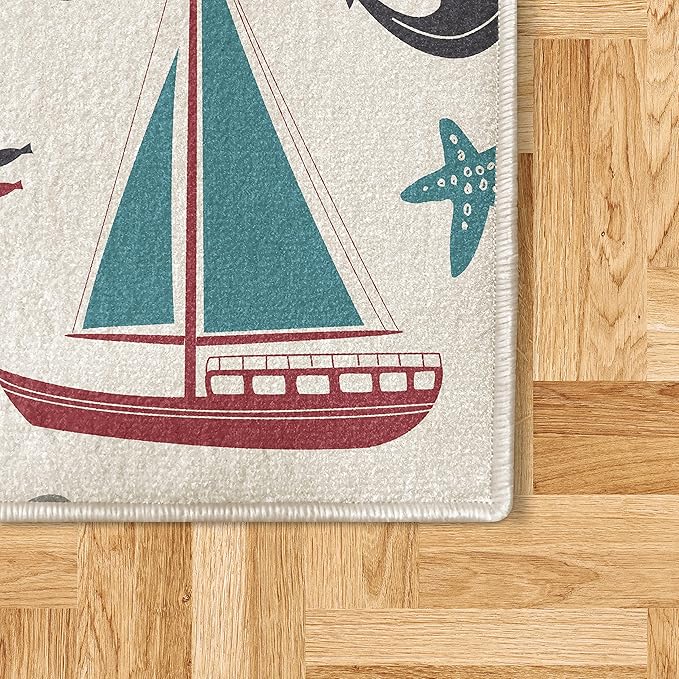 Ambesonne Nautical Decorative Rug, Pastel Colored Composition of Lighthouse Sailboat Fish Shells Octopus, Quality Carpet for Bedroom Dorm and Living Room, 2' 2" x 3' 7", Raspberry and Dark Blue