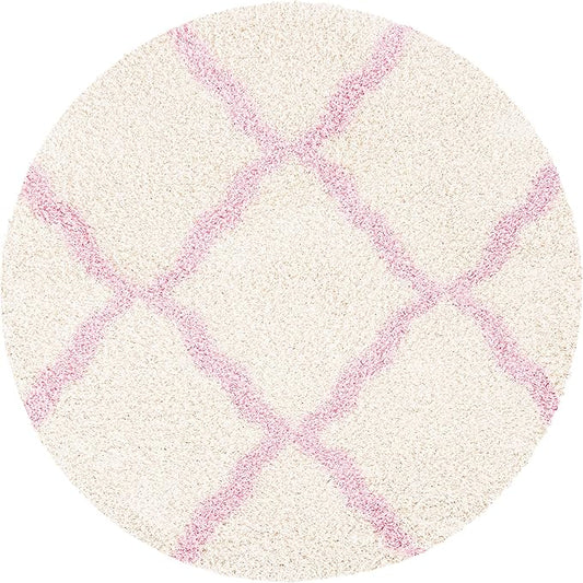 SAFAVIEH Dallas Shag Collection Area Rug - 4' Round, Ivory & Light Pink, Trellis Design, Non-Shedding & Easy Care, 1.5-inch Thick Ideal for High Traffic Areas in Living Room, Bedroom (SGD257P)