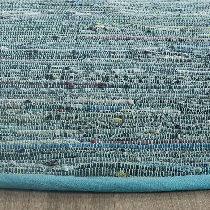 SAFAVIEH Rag Rug Collection Area Rug - 6' Round, Blue & Multi, Handmade Boho Stripe Cotton, Ideal for High Traffic Areas in Living Room, Bedroom (RAR121B)