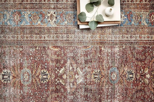 Loloi Layla Collection LAY-01 Brick/Blue 2'-6" x 9'-6" .13" Thick Runner Rug, Soft, Durable, Vintage Inspired, Distressed, Low Pile, Non-Shedding, Easy Clean, Printed, Living Room Rug