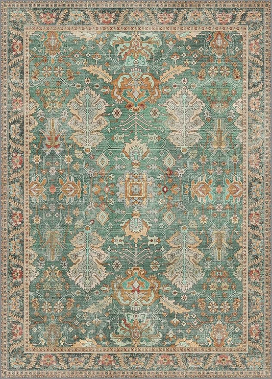 Bavni 10x14 Area Rugs for Living Room, Machine Washable Rug Lightweight Low Pile, Chenille Non Slip Rug Boho Print Decorative Carpet for Bedroom Dinning Room, Sage/Gold