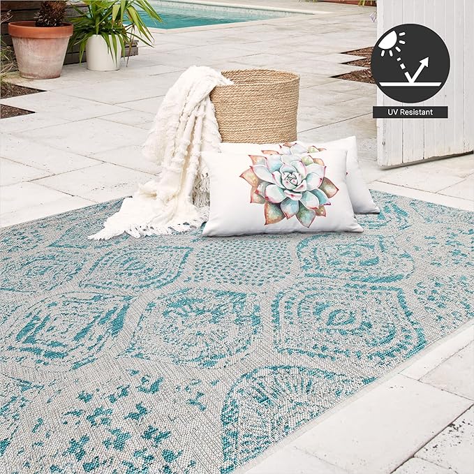 FH Home Flat Woven Outdoor Rug - Waterproof, Easy to Clean, Stain Resistant - Premium Polypropylene Yarn - Distressed Farmhouse - Patio, Porch, Deck, Balcony - Granada - Aqua - 5ft 2in x 7ft 6in