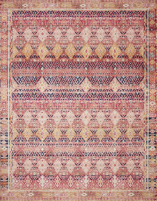 Loloi Layla Collection LAY-15 Magenta/Multi 2'-6" x 7'-6" .13" Thick Runner Rug, Soft, Durable, Vintage Inspired, Distressed, Low Pile, Non-Shedding, Easy Clean, Printed, Living Room Rug