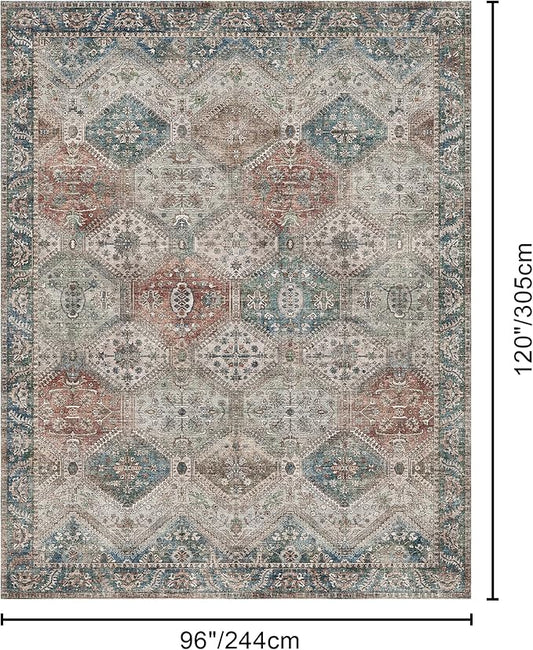 Bavni 8x10 Area Rugs for Living Room, Machine Washable Rug Non Slip, Vintage Chenille Distressed Print Carpet, Large Low Pile Ultra-Thin Lightweight Rugs for Bedroom, Dining Room, Home, Office, Red
