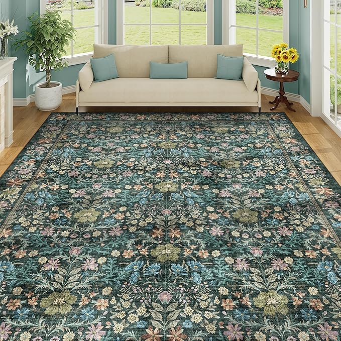 DUKINO 8x10 Area Rugs for Living Room, Vintage Floral Washable Rug with Non Slip Backing, Soft Low Pile & Non-Shedding Large Carpets for Bedroom, Farmhouse, Dining Room, Home Office, Blue