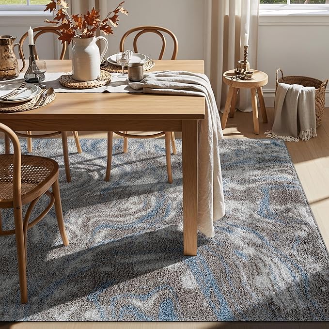 Rugshop Abstract Marble Shag Area Rug Blue 5' x 7' Great for Bedrooms, Living Rooms, or Under Coffee Tables