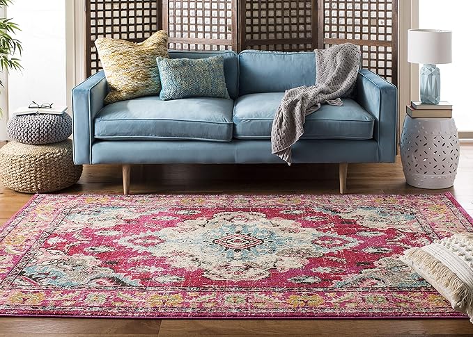 SAFAVIEH Monaco Collection Area Rug - 10' x 14', Pink & Multi, Boho Chic Medallion Distressed Design, Non-Shedding & Easy Care, Ideal for High Traffic Areas in Living Room, Bedroom (MNC243D)