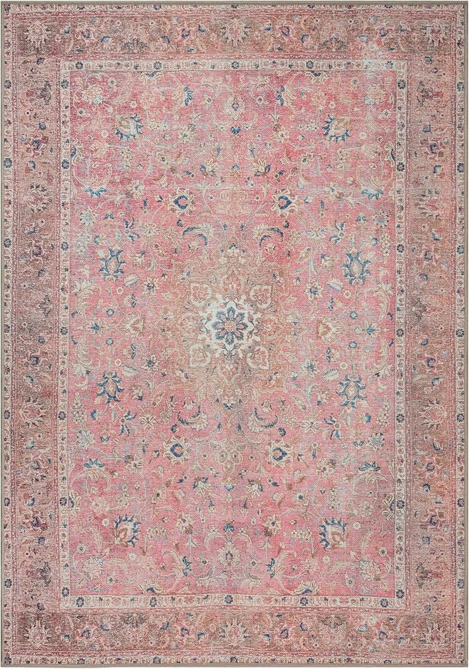 GLN Rugs Traditional Collection - Machine Washable Area Rug, Traditional Washable, Non Slip, Low Pile Chenille Rug, Living Room, Bedroom, Kitchen Rug (6' x 9' Pink/Cream)