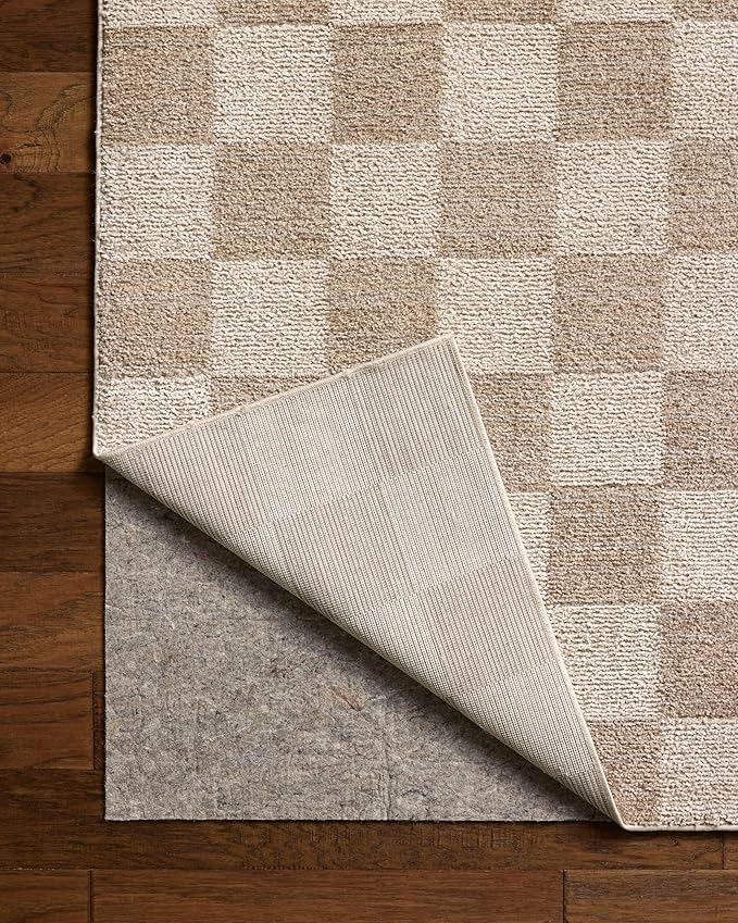 Loloi Chris Loves Julia Calvin Collection CLV-01 Pebble/Ivory 2'-7" x 10'-0" Runner Rug Checkered Neutral Soft Living Room Bedroom Carpet