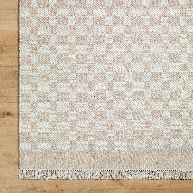 Mark&Day Wool Rugs, 5x8 Clinten Solid and Border Tan Checkered Rug, Tan Ivory Carpet for Living Room, Bedroom or Kitchen (5' x 7'6")
