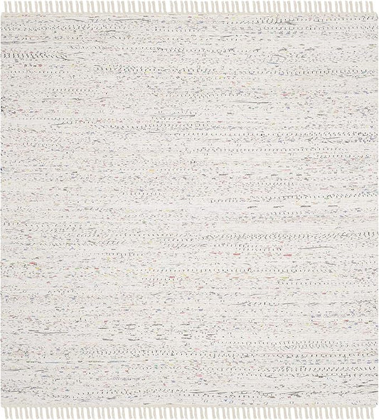 SAFAVIEH Rag Rug Collection Area Rug - 6' Square, Ivory & Multi, Handmade Boho Stripe Cotton, Ideal for High Traffic Areas in Living Room, Bedroom (RAR121G)