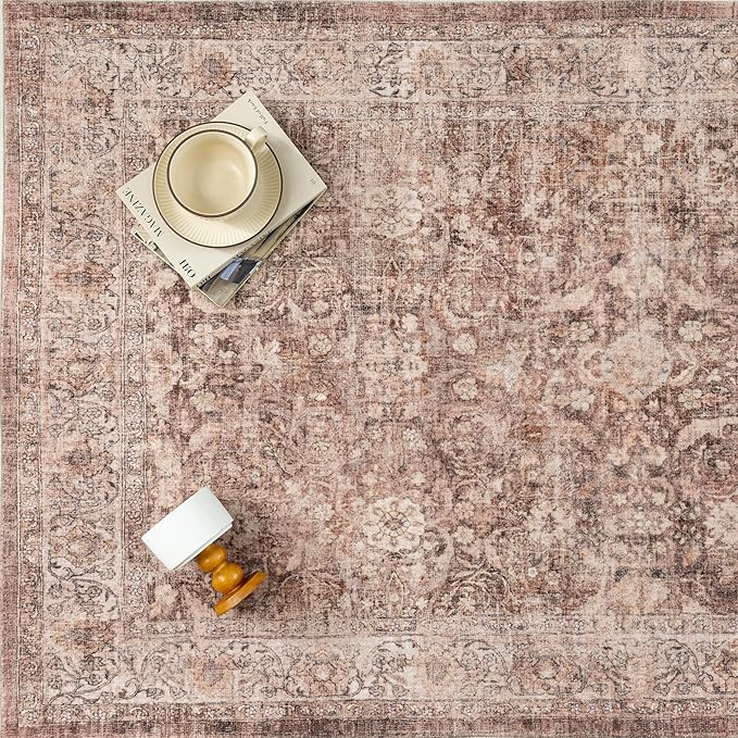 9x12 Rust Brown Area Rug for Living Room Bedroom Neutral Soft Non Slip Rug Low Pile Vintage Distressed Large Carpet for Dining Room Nursery Office Indoor