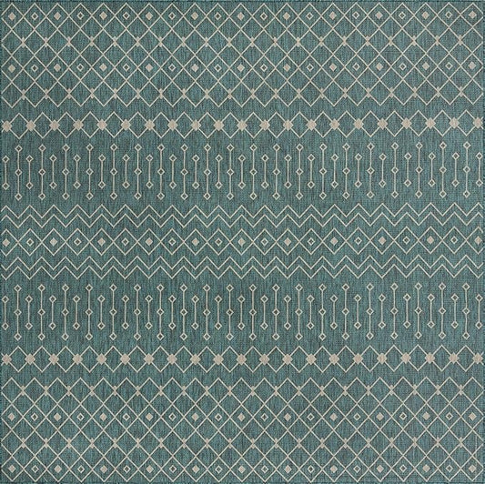 Unique Loom Outdoor Trellis Collection Area Rug - Tribal Trellis (13' Square, Teal/ Ivory)