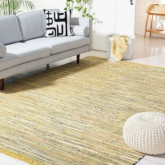 SAFAVIEH Rag Rug Collection Area Rug - 8' x 10', Yellow & Multi, Handmade Boho Stripe Cotton, Ideal for High Traffic Areas in Living Room, Bedroom (RAR121H)