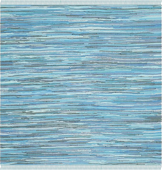 SAFAVIEH Rag Rug Collection Area Rug - 8' Square, Blue & Multi, Handmade Boho Stripe Cotton, Ideal for High Traffic Areas in Living Room, Bedroom (RAR121B)