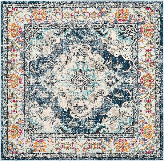 SAFAVIEH Monaco Collection Area Rug - 3' Square, Navy & Light Blue, Boho Chic Medallion Distressed Design, Non-Shedding & Easy Care, Ideal for High Traffic Areas in Living Room, Bedroom (MNC243N)