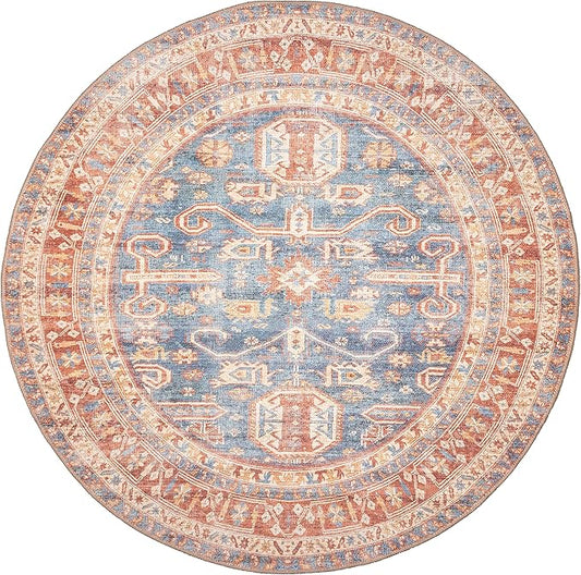 GLN Rugs Traditional Collection - Machine Washable Area Rug, Traditional Washable, Non Slip, Low Pile Chenille Rug, Living Room, Bedroom, Kitchen Rug (5'3" Round Terra/Slate Blue)