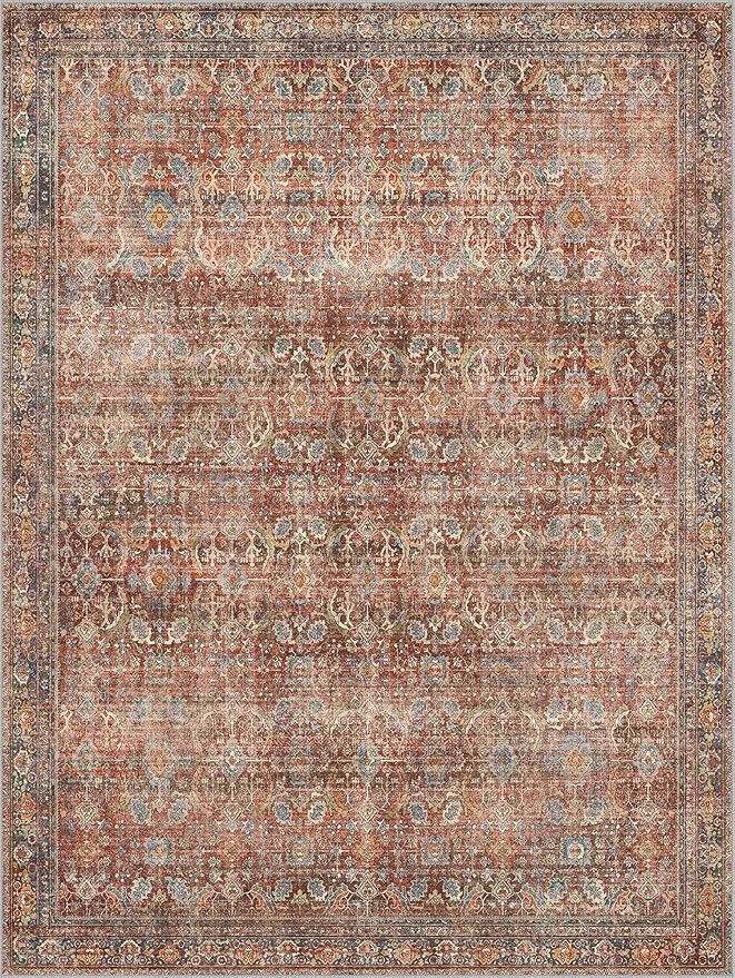 10x14 Area Rug Machine Washable Boho Rug for Living Room,Ultra-Thin Low Pile Carpet,Lightweight Indoor Printed Rug,Non Slip Floral Area Rug for Bedroom, Dining Room, Home Office,Terracotta/Indigo