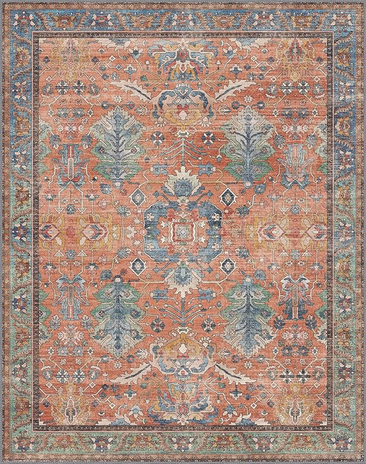 Area Rugs 8x10 Clearance Washable Boho Rug for Bedroom Living Room, Non Slip Thin Low Pile Chenille Carpet for Dining Room,Vintage Farmhouse, Terracotta/Blue