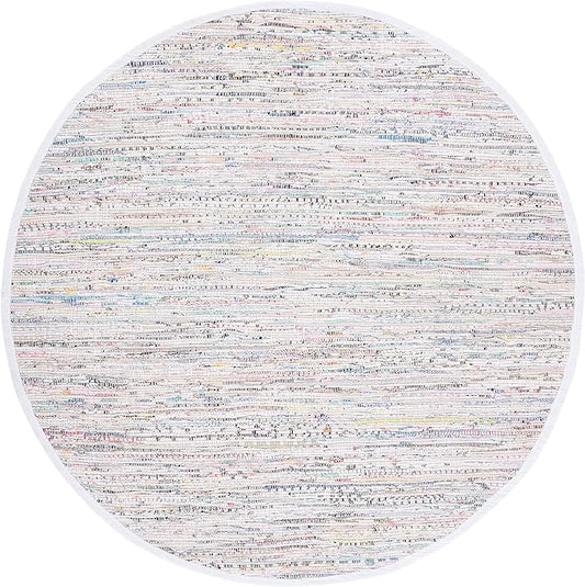 SAFAVIEH Rag Rug Collection Area Rug - 9' Round, Ivory & Multi, Handmade Boho Stripe Cotton, Ideal for High Traffic Areas in Living Room, Bedroom (RAR121G)