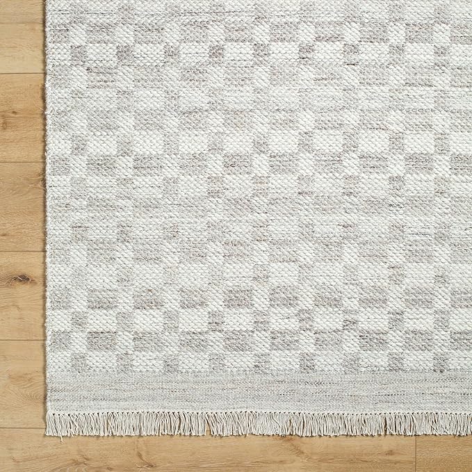 Mark&Day Wool Rugs, 8x10 Clinten Solid and Border Light Gray Checkered Rug, Grey Ivory Carpet for Living Room, Bedroom or Kitchen (8' x 10')