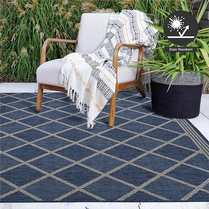 FH Home Flat Woven Outdoor Rug - Waterproof, Easy to Clean, Stain Resistant - Premium Polypropylene Yarn - Moroccan Geo Lattice - Patio,Deck,Porch,Balcony,Laundry - Tunis - Blue - 3ft 11 in x 5ft 6in