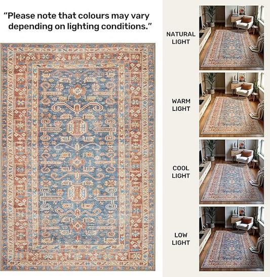 GLN Rugs Traditional Collection - Machine Washable Area Rug, Traditional Washable, Non Slip, Low Pile Chenille Rug, Living Room, Bedroom, Kitchen Rug (9' x 12' Terra/Slate Blue)