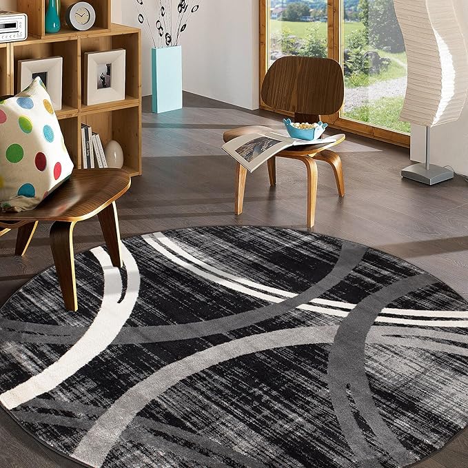 Rugshop Modern Wavy Circles Design Round Rug, Non-Shedding Carpet for Living Room, Dining Room, or Breakfast Nook, Black, 6'6" Round