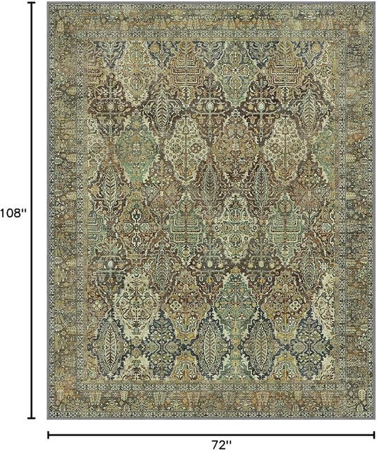 Bavni Area Rug 6X9, Oriental Vintage 6X9 Area Rugs, Large Rugs for Living Room, Non Slip Boho Carpet for Bedroom Dorm, Low Pile Aesthetic Washable Rug for Dining Room Office, Sage Green