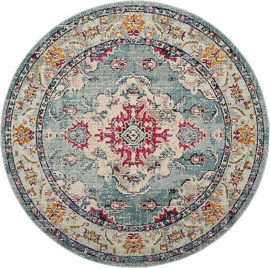 SAFAVIEH Monaco Collection Area Rug - 11' Round, Light Blue & Fuchsia, Boho Chic Medallion Distressed Design, Non-Shedding & Easy Care, Ideal for High Traffic Areas in Living Room, Bedroom (MNC243J)