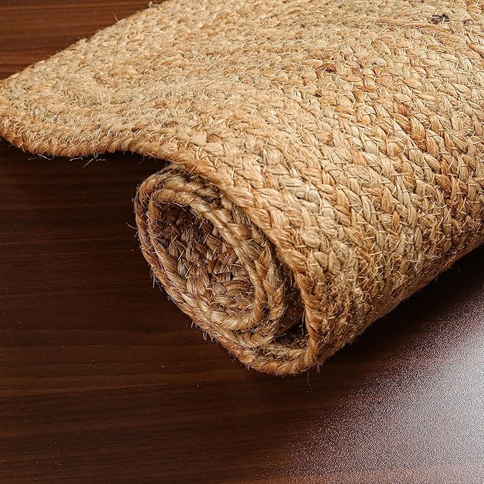 Hand Woven Farmhouse Jute Area Rug 5x8 Ft Rectuangler Natural Yarn, Rustic Vintage Beige Braided Reversible Rug, Eco Friendly Rugs for Bedroom, Kitchen, Living Room, Farmhouse 100% Jute Rug - Natural