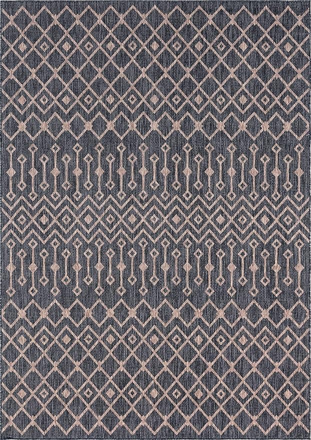 Unique Loom Outdoor Trellis Collection Area Rug - Tribal Trellis (8' x 11' 4" Rectangle, Charcoal Gray/ Natural)