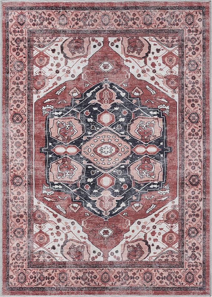 Turkish Rug. Washable Vintage Oriental Antique Inspired Traditional Doormat Small Modern Area Rugs Luxury Entryway Entry Bedroom Bathroom Kitchen (404RR, 2'5 x 9'8)