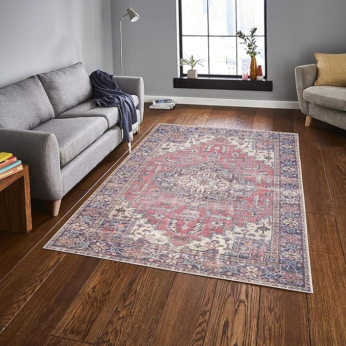 GLN Rugs Traditional Collection - Machine Washable Area Rug, Traditional Washable, Non Slip, Low Pile Chenille Rug, Living Room, Bedroom, Kitchen Rug (5' x 7' Multi Blue)