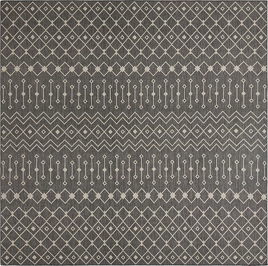 Unique Loom Outdoor Trellis Collection Area Rug - Tribal Trellis (13' Square, Charcoal Gray/ Natural)