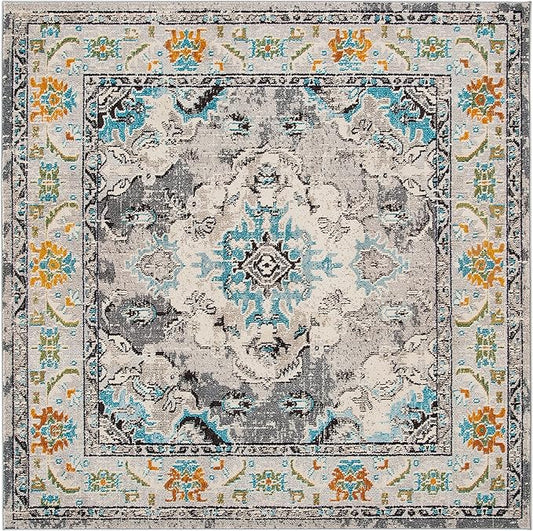 SAFAVIEH Monaco Collection Area Rug - 11' Square, Grey & Light Blue, Boho Chic Medallion Distressed Design, Non-Shedding & Easy Care, Ideal for High Traffic Areas in Living Room, Bedroom (MNC243G)