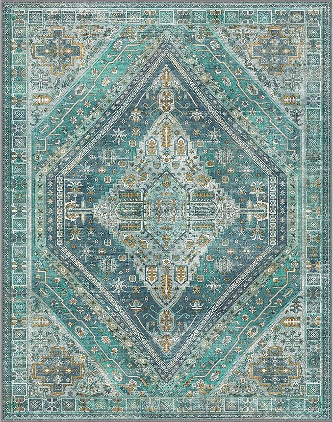 Bavni Washable Rug 8x10 Area Rug for Living Room Bedroom Dining, Washable Vintage Print Carpet, Ultra-Thin Chenille Low Pile Lightweight Rug with Non Slip Backing, Blue/Green