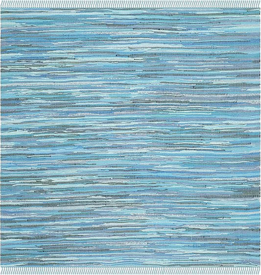 SAFAVIEH Rag Rug, Collection Area Rug - 3' Square, Blue & Multi, Handmade Boho Stripe Cotton, Ideal for High Traffic Areas in Living Room, Bedroom (RAR121B)