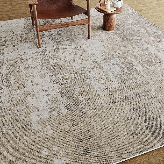 Modern Abstract Beige Gray Area Rug 2x8 Hallway Runner Machine Washable Carpet Bathroom Kitchen Indoor Accent Throw Low Pile Non Slip Distressed Laundry Living Dining Room Bedroom Office