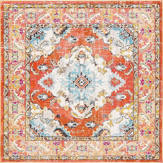 SAFAVIEH Monaco Collection Area Rug - 11' Square, Orange & Light Blue, Boho Chic Medallion Distressed Design, Non-Shedding & Easy Care, Ideal for High Traffic Areas in Living Room, Bedroom (MNC243H)