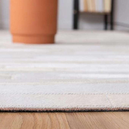 Premium Cowhide Leather Striped Area Rug, 6x9 ft, Beige, Contemporary Style, Hand-tufted, Indoor Use, Dining Room, 17.6 lbs