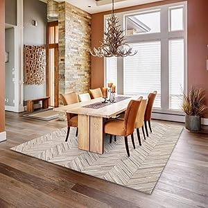 Elegant Rectangular Rug Cowhide Leather Stylish Luxury Non Slip Chevron Patchwork Area Rug for Living Room and Home Décor Floor Carpet (Beige-6 x 9 ft)