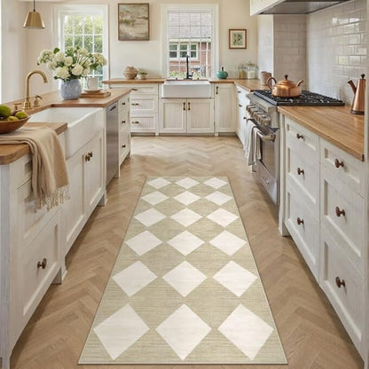 2x6 Runner Checkered Rug for Hallways Beige Washable Long Carpet Non-Slip Low Pile Boho Indoor Accent Throw Rug for Entrance Kitchen Bedroom Dining Laundry