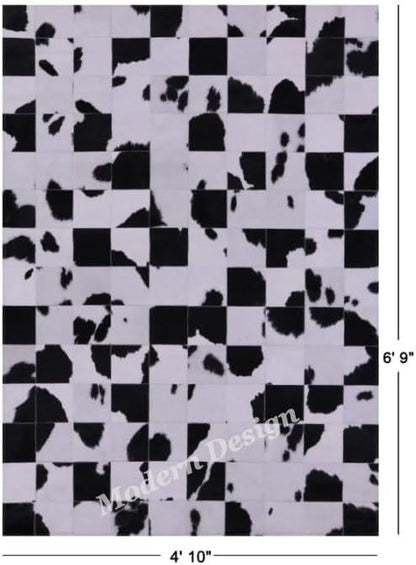 Modern Design Premium Cowhide Leather Carpet with Chevron Pattern, Area Rug (Black/White, 10x14)